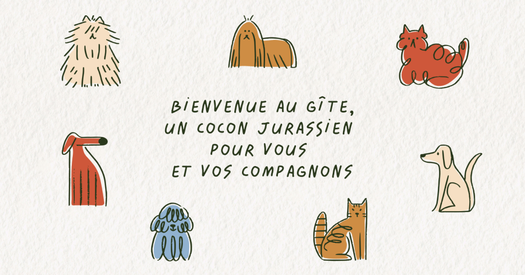 Claim du gîte le Passage avec illustrations de chiens et chats