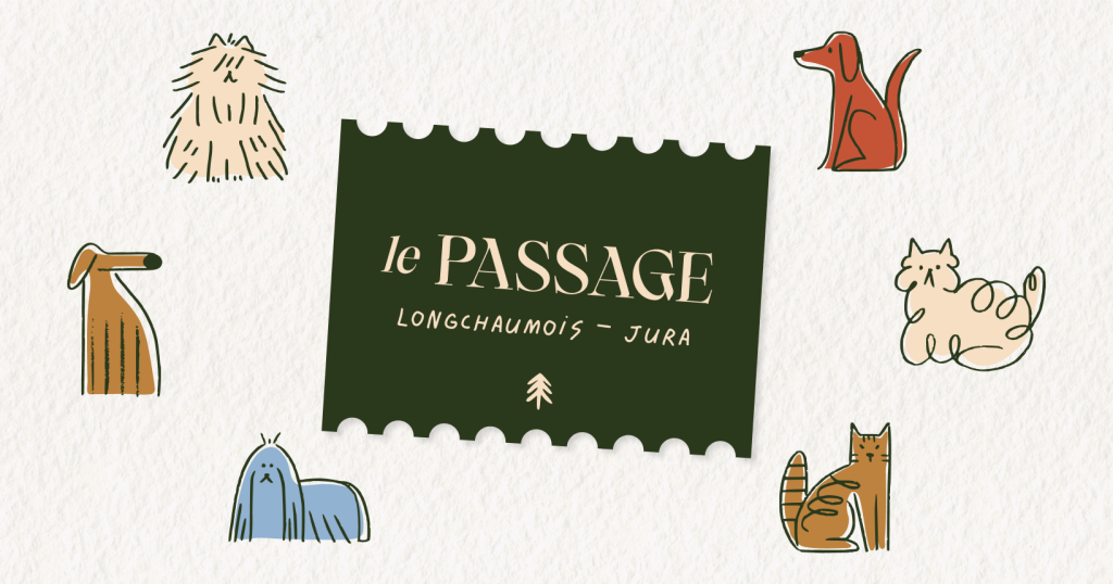 Logo le Passage décliné avec illustrations de chiens et chats